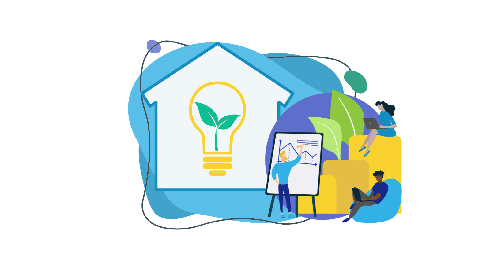 Graphic representing home energy efficiency. House with lightbulb and green leaves.