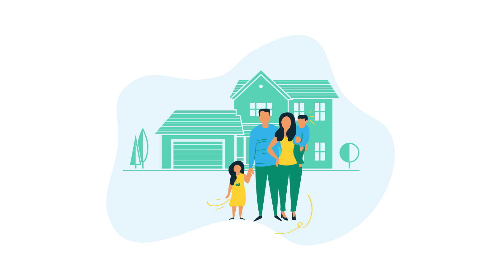 Family of 4 standing in front of suburban house