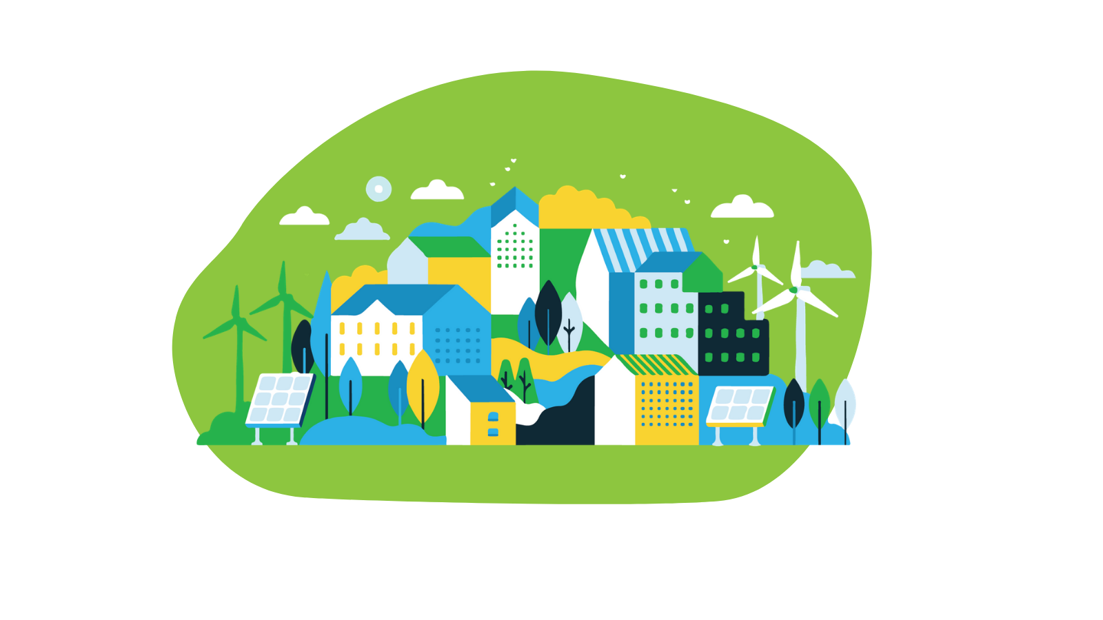 city backdrop with windmills and solar panels