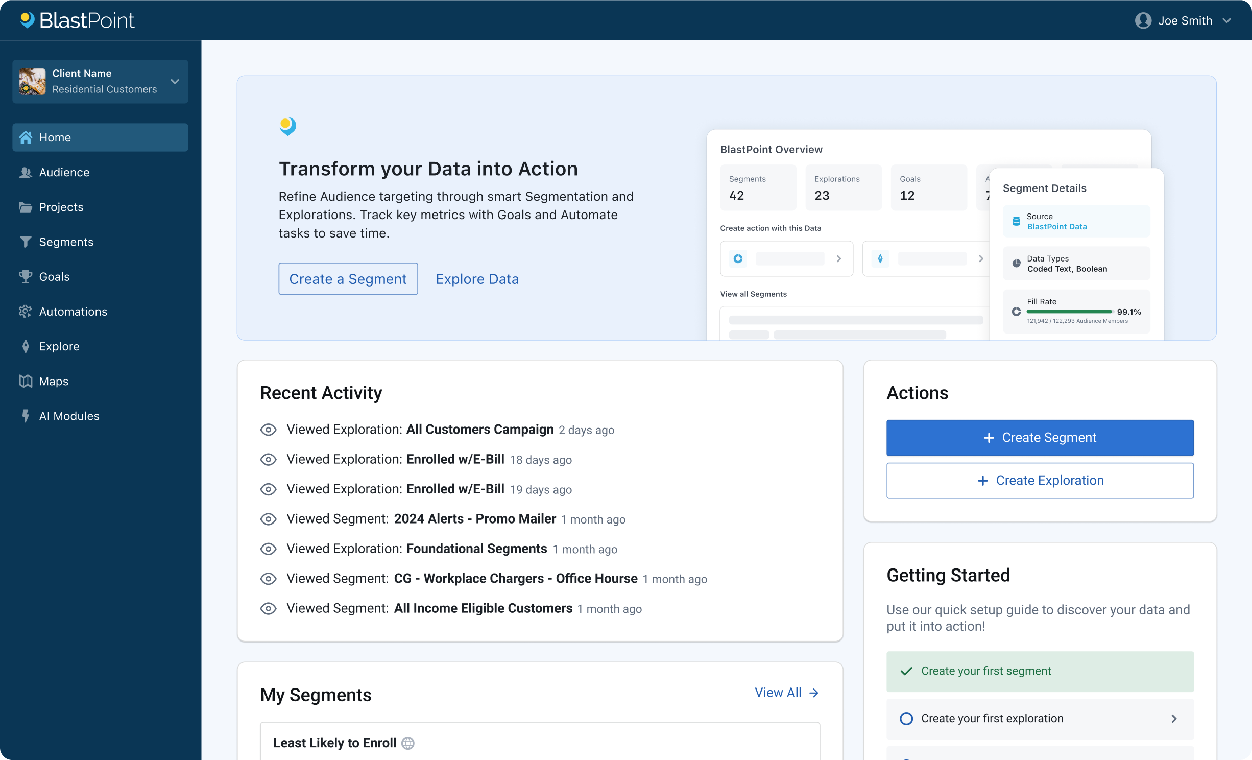 BlastPoint platform dashboard showing customer intelligence insights